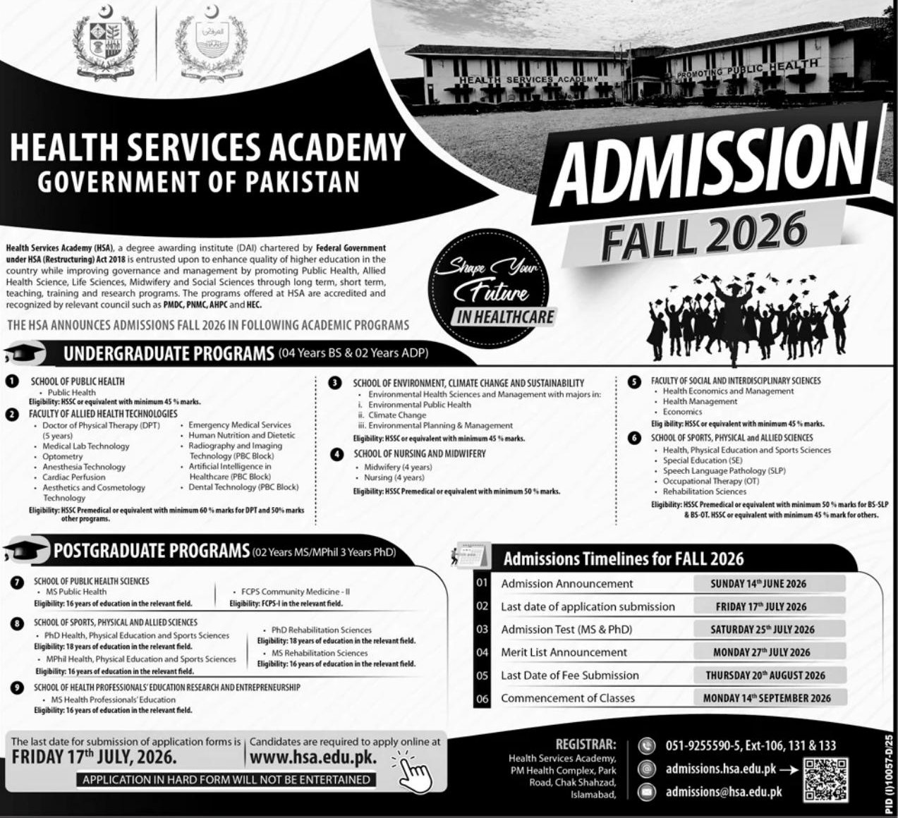 ADMISSION FALL 2026 – Health Services Academy, Government of Pakistan Admissions 2026 — original newspaper advertisement