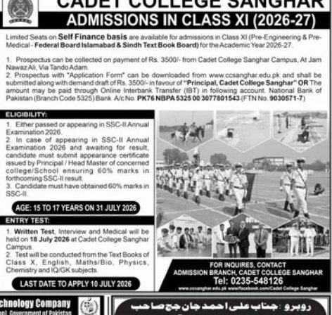 Admissions in Class XI (2026-27) – Cadet College Sanghar Admissions 2026 — original newspaper advertisement