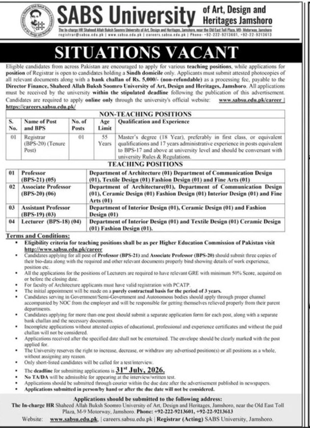 SABS University Teaching and Non Teaching Jobs – SABS University of Art, Design and Heritages Jamshore Jobs 2026 — original newspaper advertisement