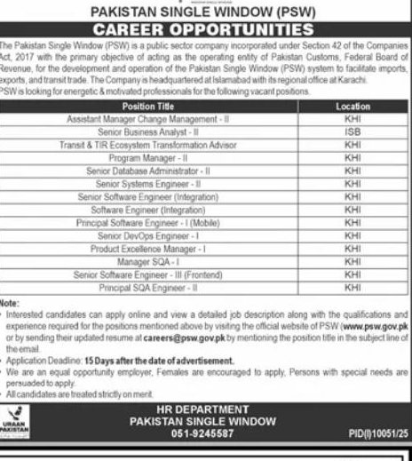 PAKISTAN SINGLE WINDOW (PSW) CAREER OPPORTUNITIES Jobs 2026 — original newspaper advertisement