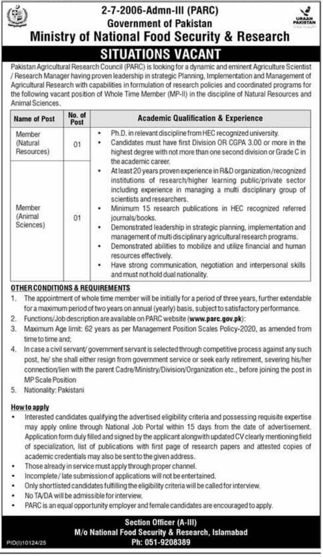 Situations Vacant - Whole Time Member (MP-II) – Pakistan Agricultural Research Council (PARC), Ministry of National Food Security & Research, Government of Pakistan Jobs 2026 — original newspaper advertisement