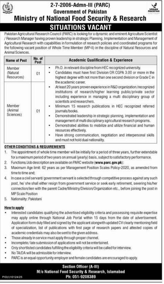 Pakistan Agricultural Research Council (PARC), Ministry of National Food Security & Research, Government of Pakistan Jobs 2026 – Islamabad — original newspaper advertisement