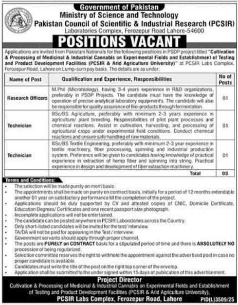 Pakistan Council of Scientific & Industrial Research (PCSIR), Ministry of Science and Technology, Government of Pakistan Jobs 2026 – Lahore — original newspaper advertisement