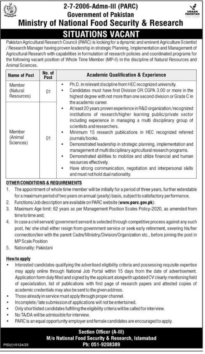 Situations Vacant - Whole Time Member (MP-II) – Pakistan Agricultural Research Council (PARC), Ministry of National Food Security & Research, Government of Pakistan Jobs 2026 — original newspaper advertisement