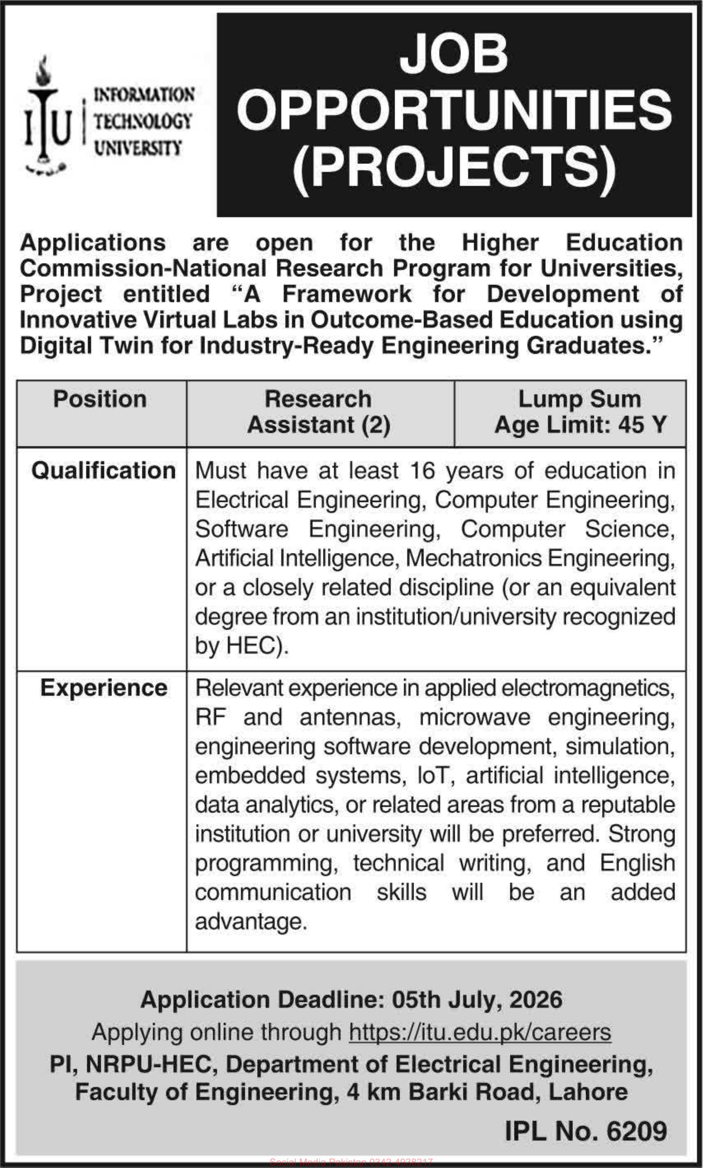 Job Opportunities (Projects) – Information Technology University (ITU) Jobs 2026 — original newspaper advertisement