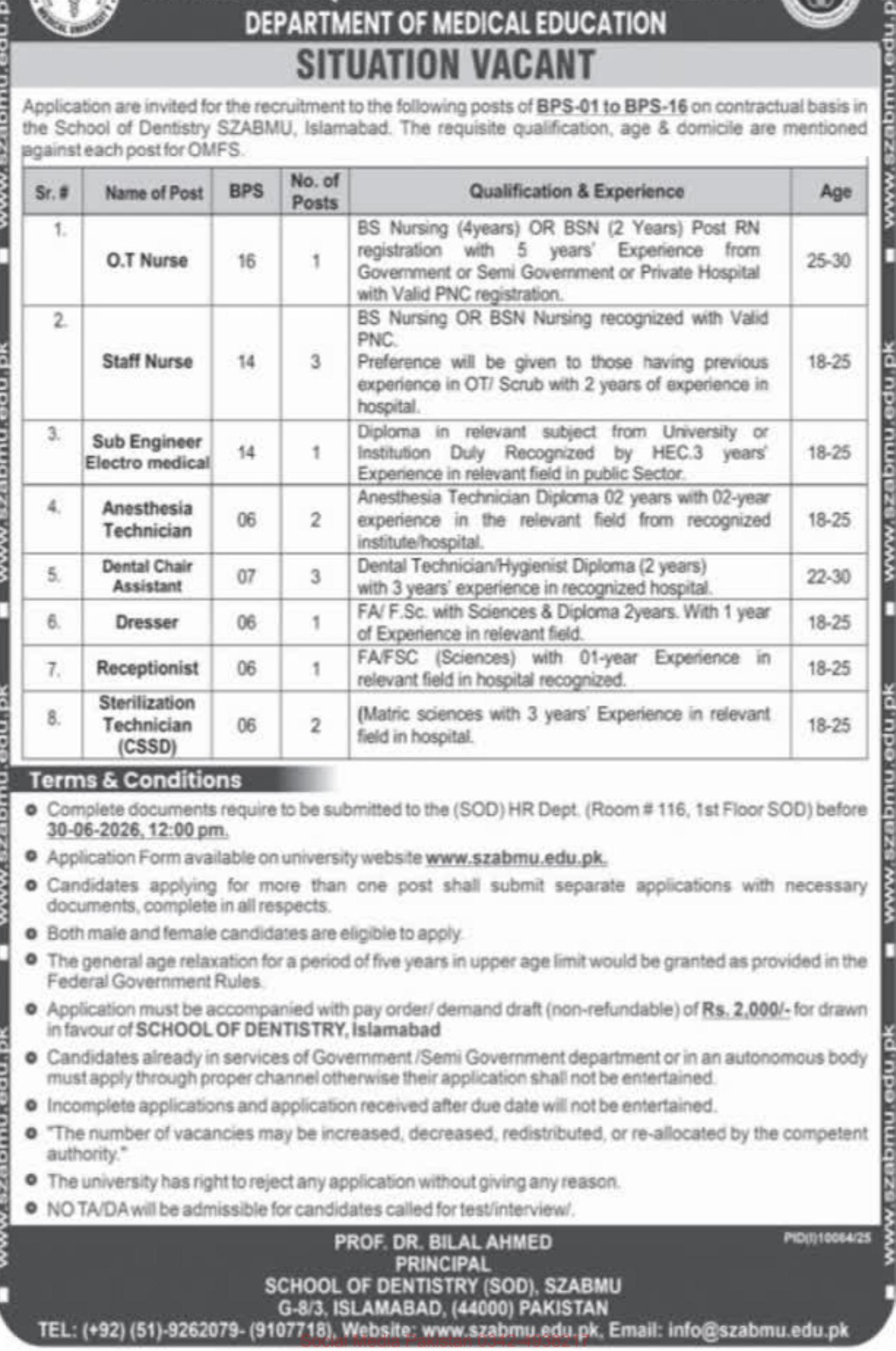 Department of Medical Education, School of Dentistry (SOD), SZABMU, Islamabad Jobs 2026 – Islamabad — original newspaper advertisement