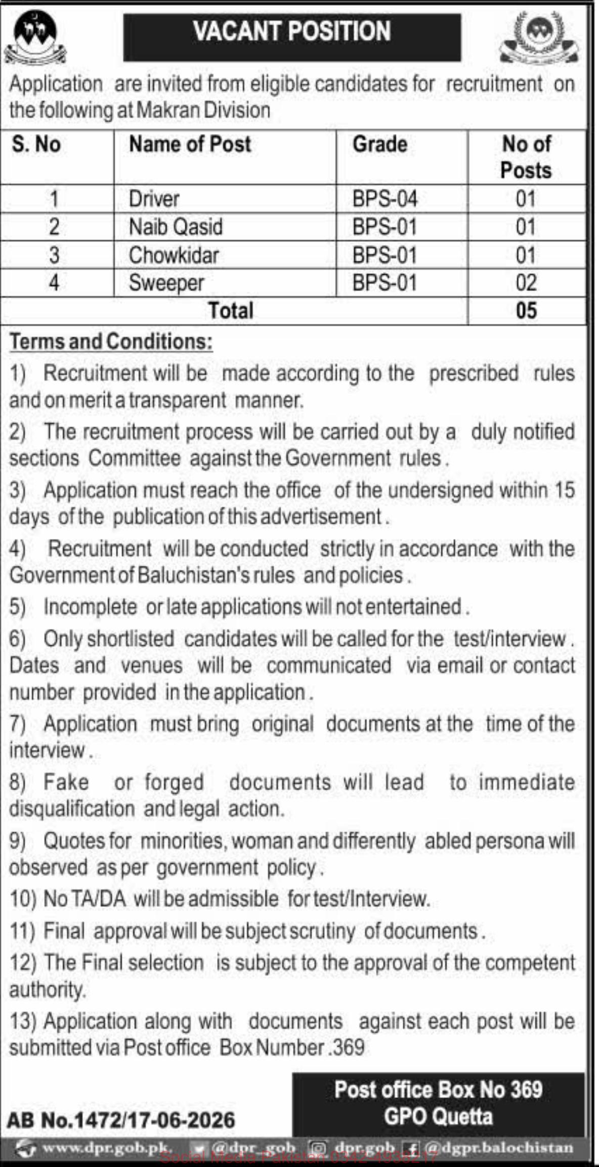Vacant Position – Makran Division (Government of Baluchistan) Jobs 2026 — original newspaper advertisement