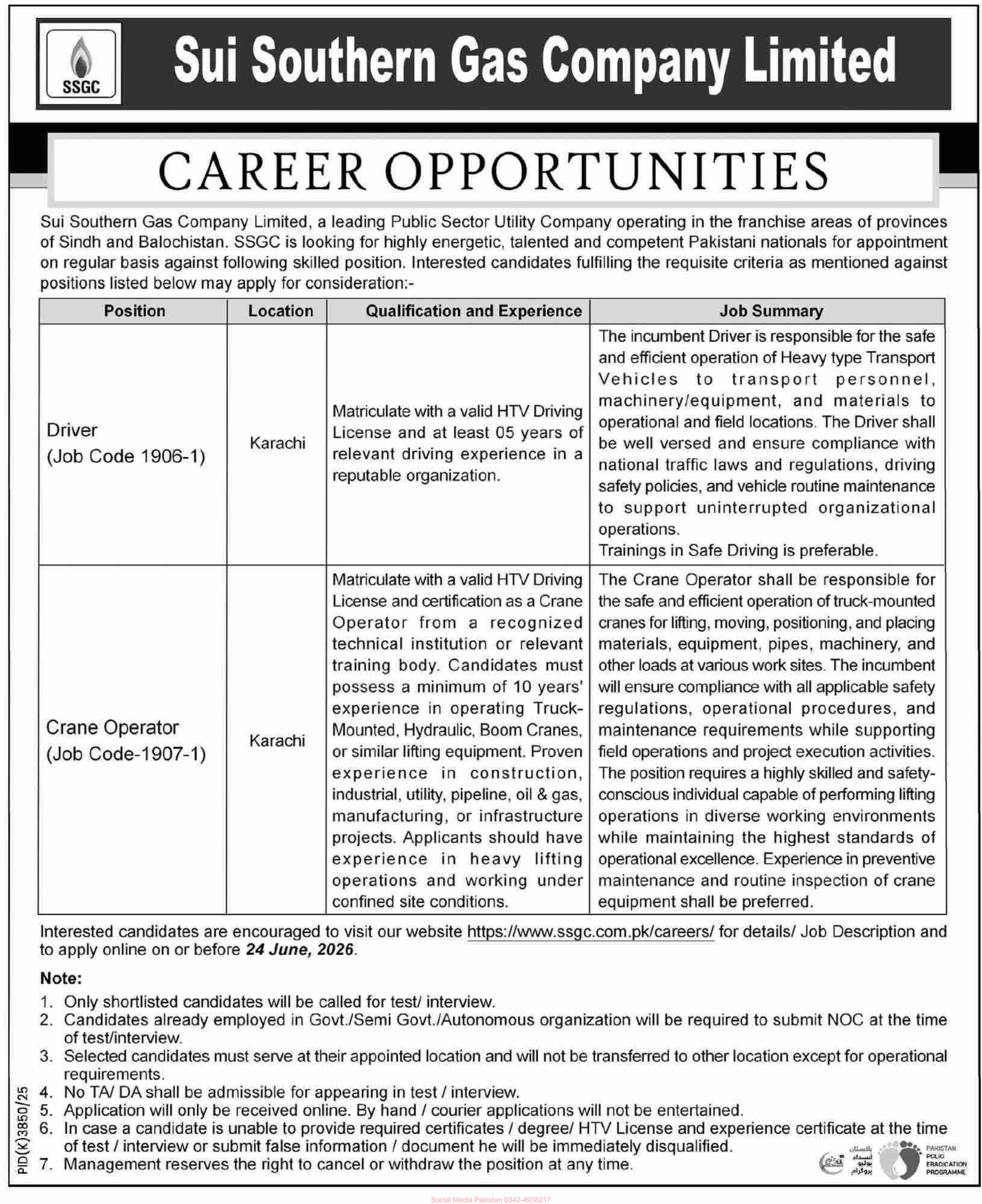 Sui Southern Gas Company Limited (SSGC) Jobs 2026 – Karachi — original newspaper advertisement
