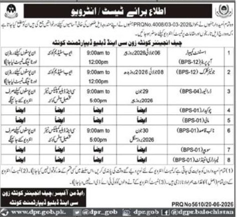 Interview / Test Notice - Chief Engineer Zone C and D Development Quetta – Chief Engineer Zone, C and D Development Department Quetta Jobs 2026 — original newspaper advertisement
