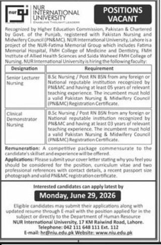 NUR International University Jobs 2026 – Lahore — original newspaper advertisement