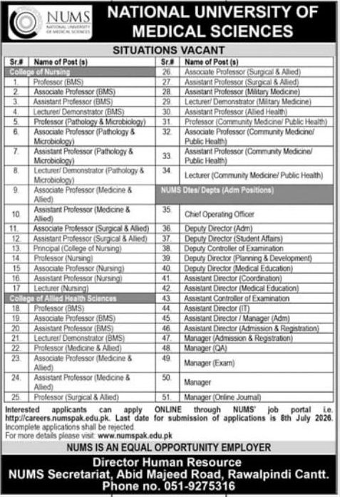 National University of Medical Sciences (NUMS) Jobs 2026 – Rawalpindi — original newspaper advertisement