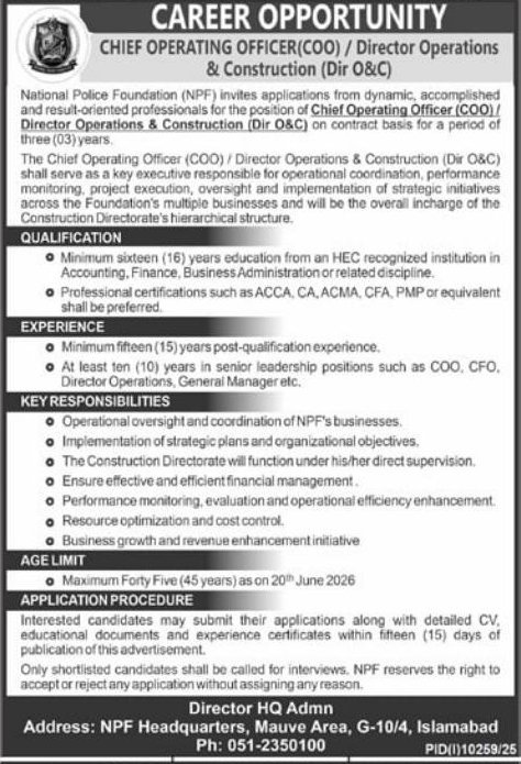 Chief Operating Officer (COO) / Director Operations & Construction (Dir O&C) – National Police Foundation (NPF) Jobs 2026 — original newspaper advertisement