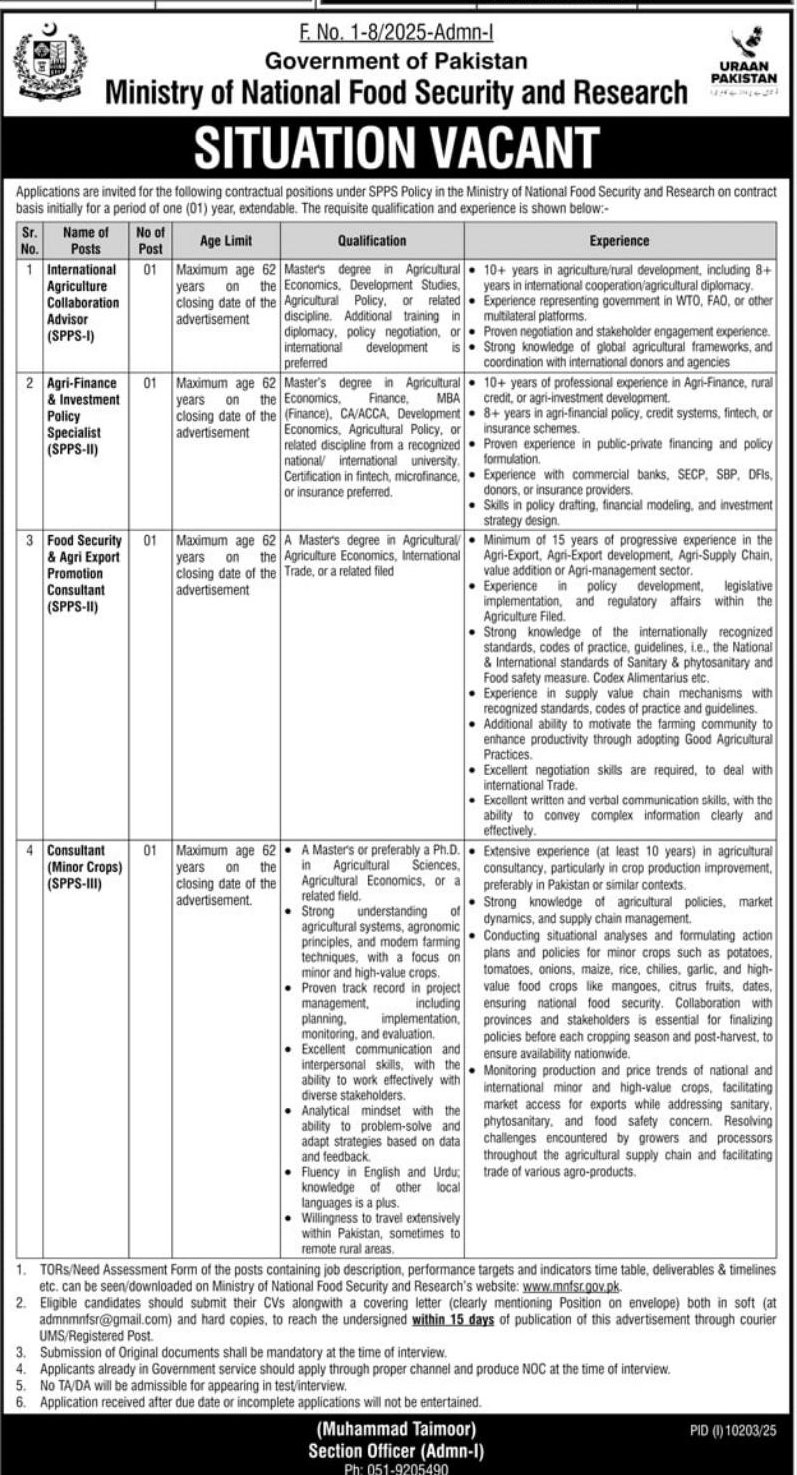 Situation Vacant – Contractual Positions under SPPS Policy – Government of Pakistan, Ministry of National Food Security and Research Jobs 2026 — original newspaper advertisement