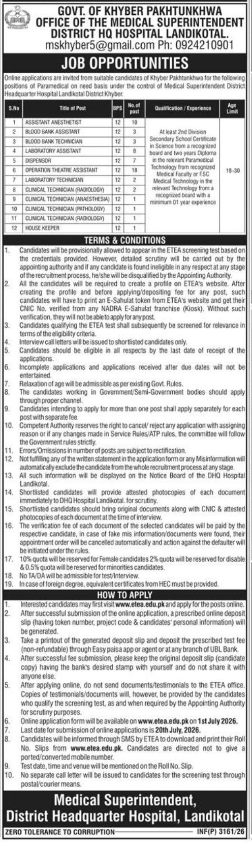 Job Opportunities - Paramedical Staff – Government of Khyber Pakhtunkhwa, Office of the Medical Superintendent, District HQ Hospital Landikotal Jobs 2026 — original newspaper advertisement
