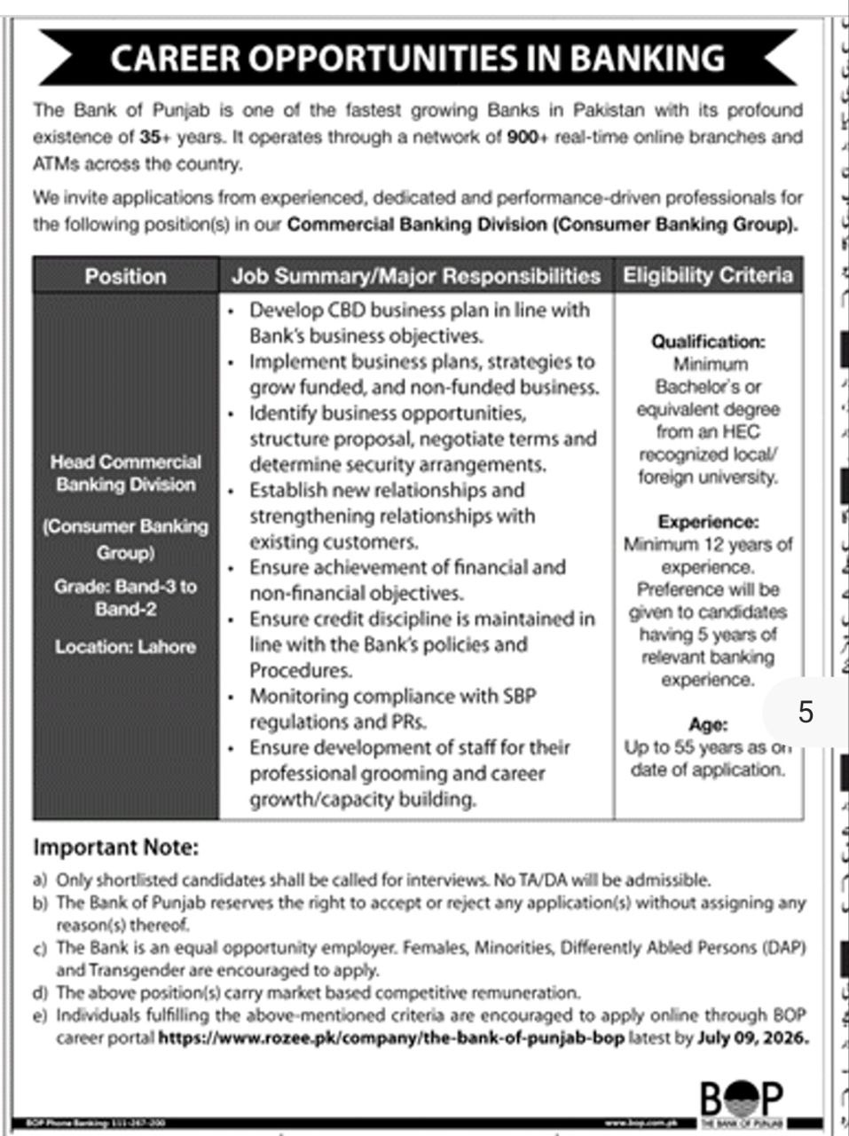 Career Opportunities in Banking – The Bank of Punjab (BOP) Jobs 2026 — original newspaper advertisement