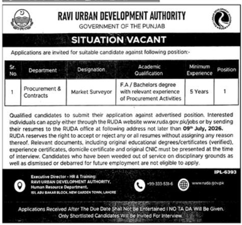Ravi Urban Development Authority (RUDA), Government of the Punjab Jobs 2026 – 151, Abu Bakar Block, New Garden Town, Lahore — original newspaper advertisement