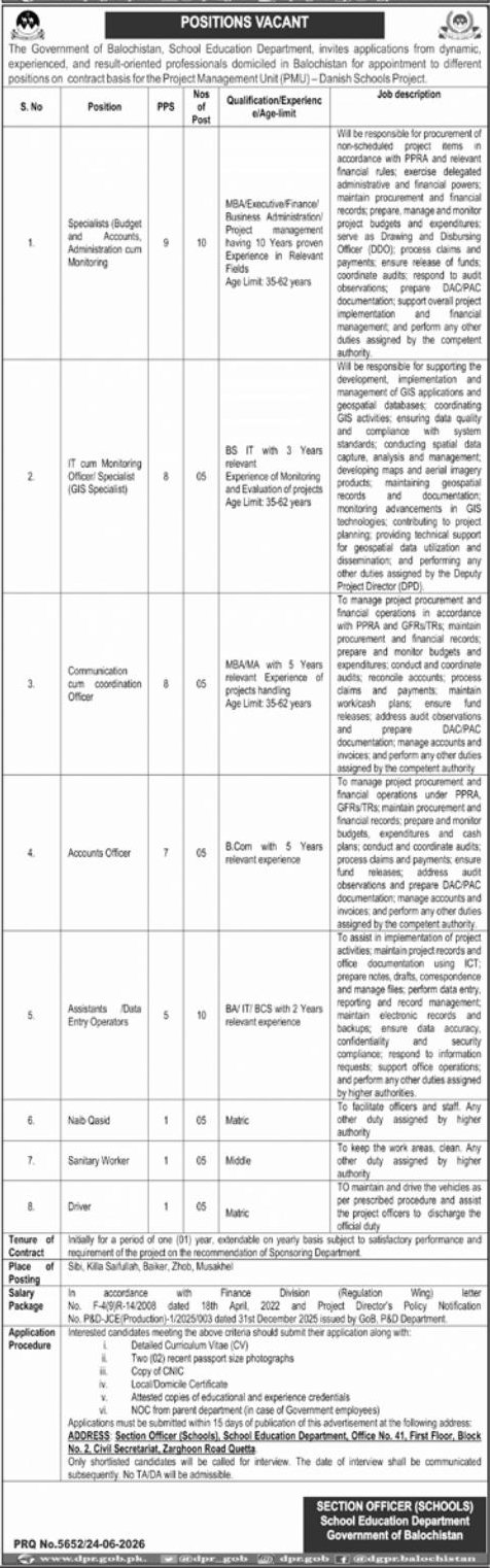 Government of Balochistan, School Education Department (Section Officer Schools) Jobs 2026 – Balochistan (Place of Posting: Sibi, Killa Saifullah, Baikar, Zhob, Musakhel) — original newspaper advertisement