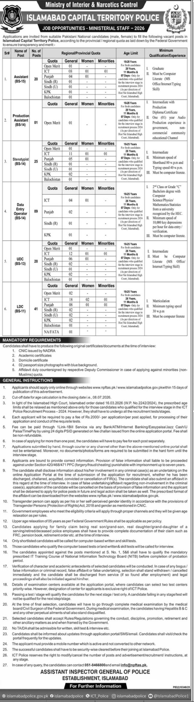 Job Opportunities - Ministerial Staff - 2026 – Ministry of Interior & Narcotics Control - Islamabad Capital Territory Police Jobs 2026 — original newspaper advertisement