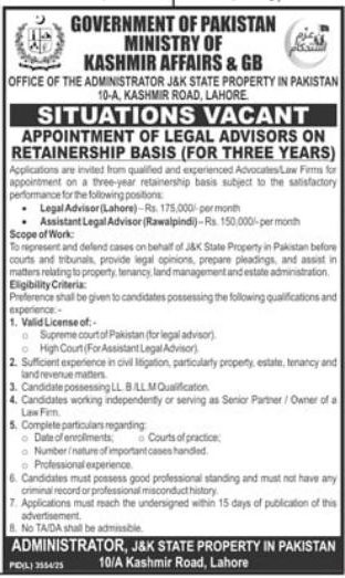 Appointment of Legal Advisors on Retainership Basis (for Three Years) – Government of Pakistan, Ministry of Kashmir Affairs & GB, Office of the Administrator J&K State Property in Pakistan Jobs 2026 — original newspaper advertisement