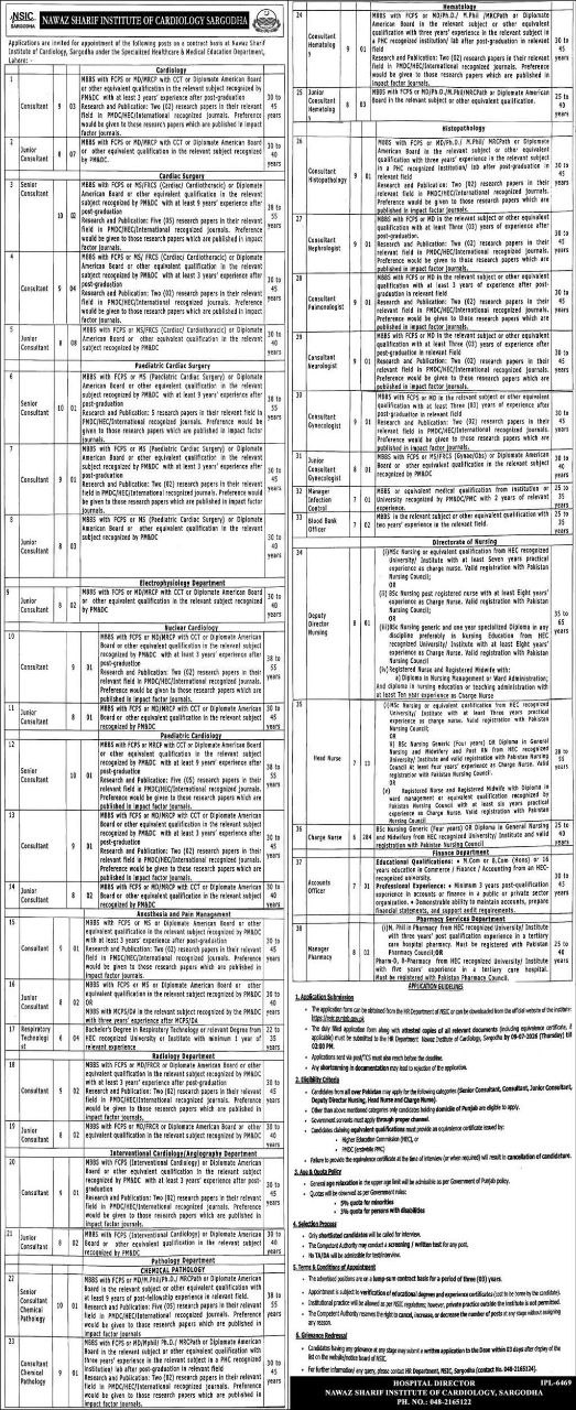 Applications Invited for Appointment of Posts on Contract Basis – Nawaz Sharif Institute of Cardiology, Sargodha Jobs 2026 — original newspaper advertisement