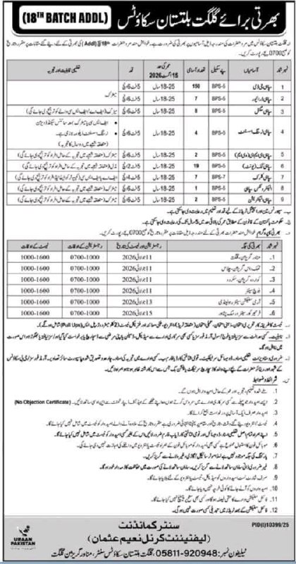 Recruitment for Gilgit-Baltistan Scouts (18th Batch ADDL) – Gilgit-Baltistan Scouts, Senior Commandant Office Jobs 2026 — original newspaper advertisement