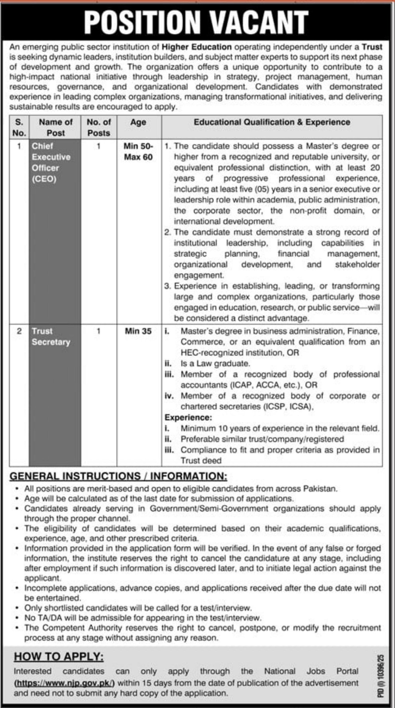 An emerging public sector institution of Higher Education operating independently under a Trust Jobs 2026 — original newspaper advertisement