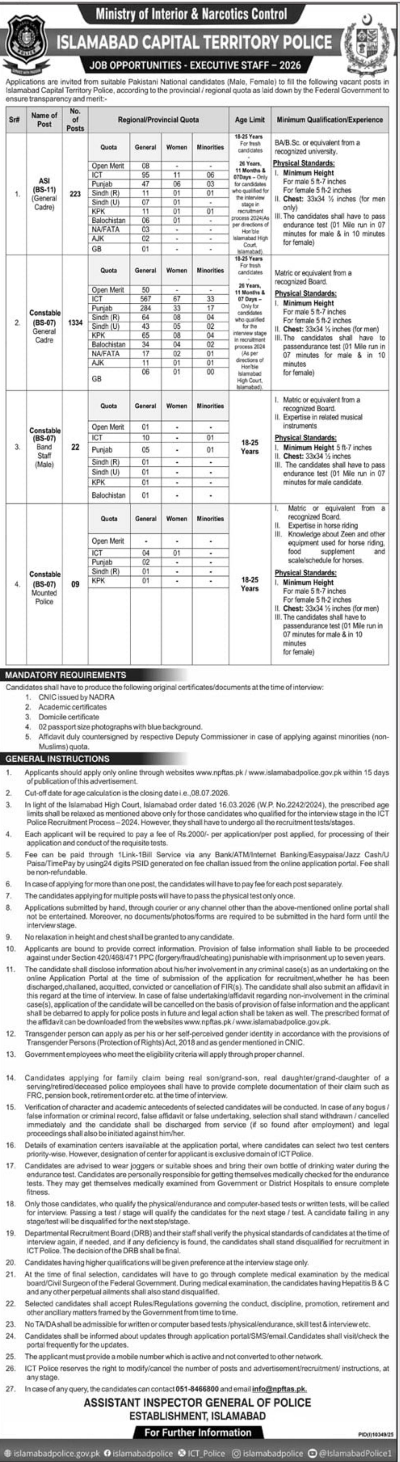 Job Opportunities - Executive Staff - 2026 – Ministry of Interior & Narcotics Control - Islamabad Capital Territory Police Jobs 2026 — original newspaper advertisement