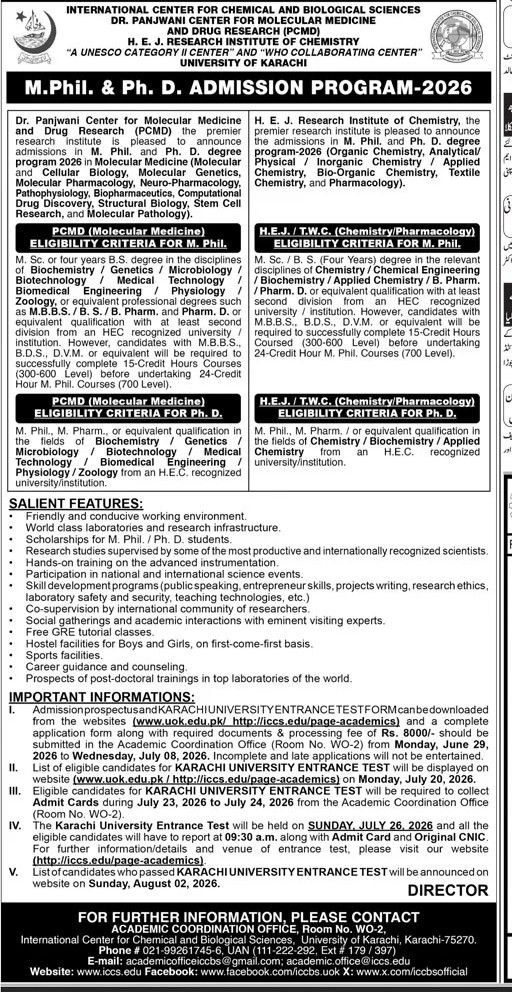 M.Phil. & Ph.D. Admission Program-2026 – International Center for Chemical and Biological Sciences, Dr. Panjwani Center for Molecular Medicine and Drug Research (PCMD) & H.E.J. Research Institute of Chemistry, University of Karachi Admissions 2026 — original newspaper advertisement