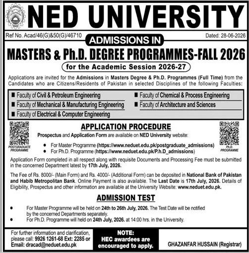 Admissions in Masters & Ph.D. Degree Programmes - Fall 2026 – NED University Admissions 2026 — original newspaper advertisement