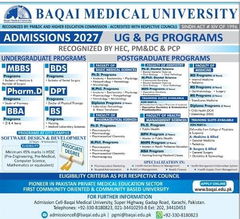 Admissions 2027 - UG & PG Programs – Baqai Medical University Admissions 2026 — original newspaper advertisement
