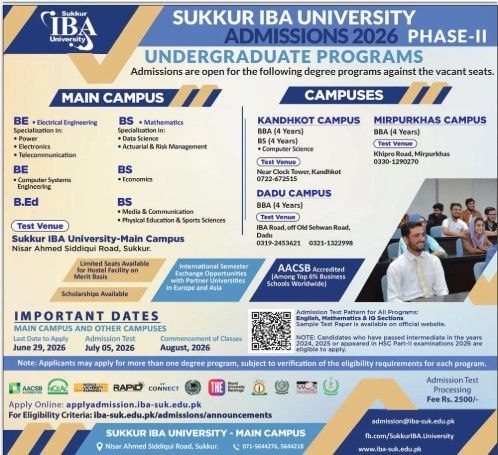 Sukkur IBA University Admissions 2026 Phase-II - Undergraduate Programs Admissions 2026 — original newspaper advertisement