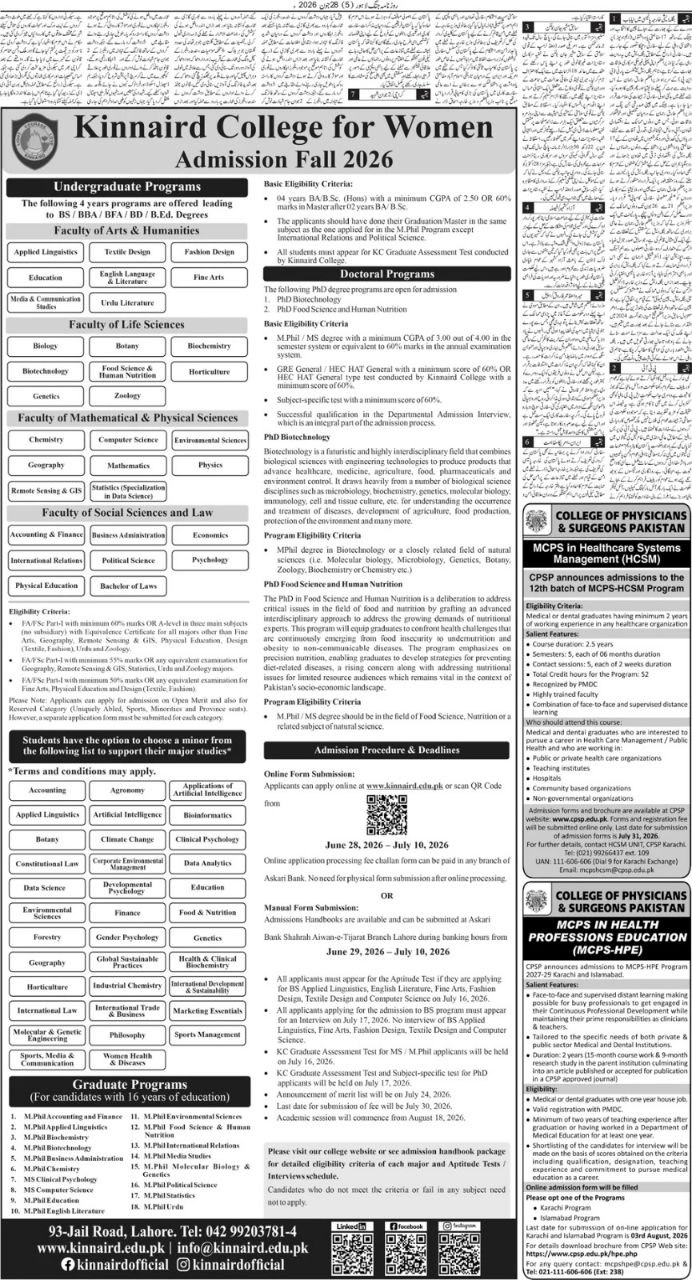 Admission Fall 2026 – Kinnaird College for Women Admissions 2026 — original newspaper advertisement