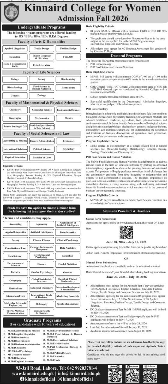 Admission Fall 2026 – Kinnaird College for Women Admissions 2026 — original newspaper advertisement