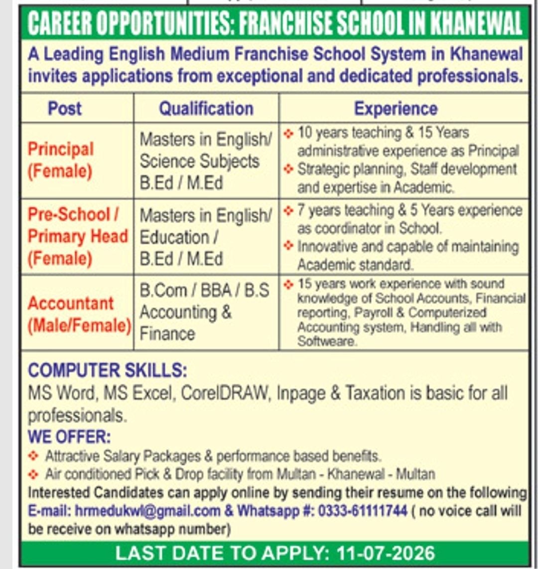 Career Opportunities: Franchise School in Khanewal – A Leading English Medium Franchise School System in Khanewal Jobs 2026 — original newspaper advertisement