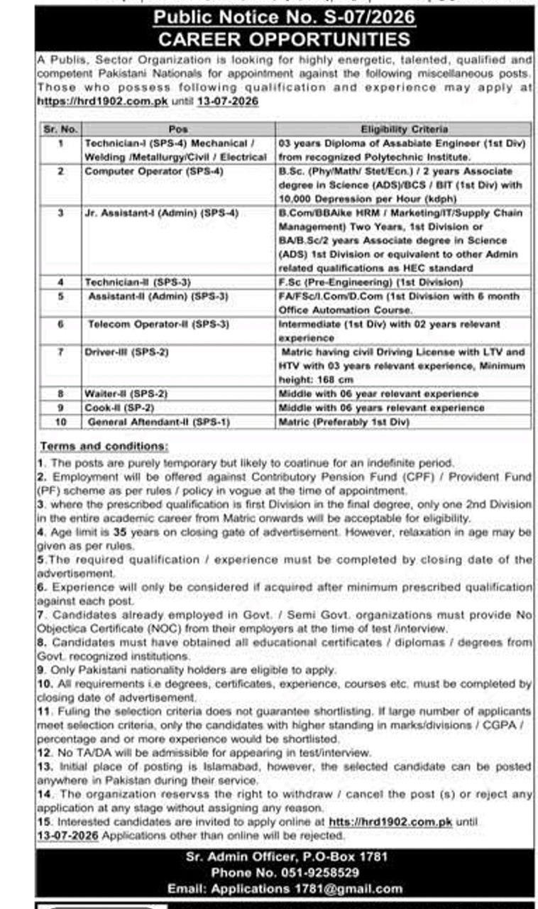 Public Sector Organization Jobs 2026 – Islamabad (initial posting; may be posted anywhere in Pakistan) — original newspaper advertisement