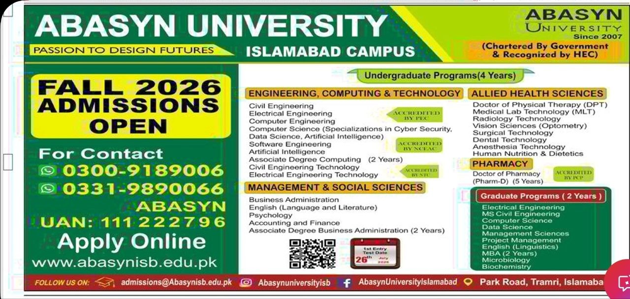 Fall 2026 Admissions Open – Abasyn University Islamabad Campus Admissions 2026 — original newspaper advertisement