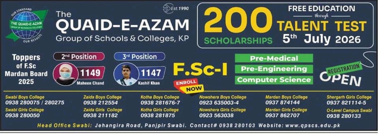 200 Scholarships through Talent Test - Free Education – The Quaid-e-Azam Group of Schools & Colleges, KP Scholarships 2026 — original newspaper advertisement