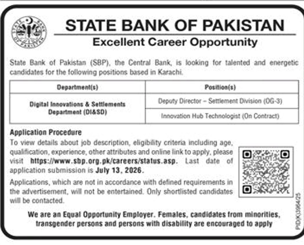 Excellent Career Opportunity – State Bank of Pakistan (SBP) Jobs 2026 — original newspaper advertisement