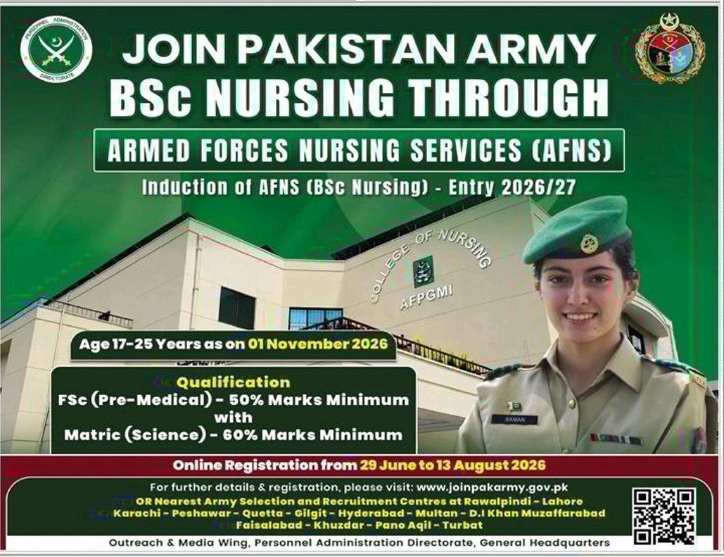 Join Pakistan Army BSc Nursing through Armed Forces Nursing Services (AFNS) - Entry 2026/27 – Pakistan Army - Armed Forces Nursing Services (AFNS), General Headquarters Jobs 2026 — original newspaper advertisement
