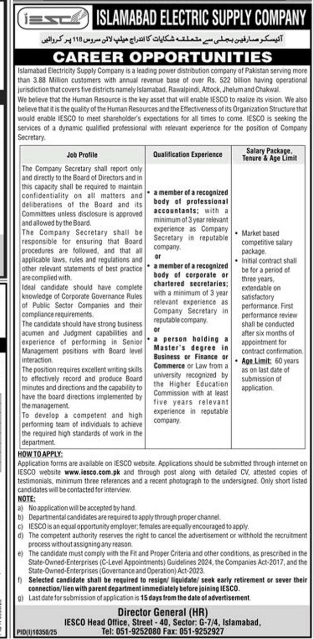 Career Opportunities - Company Secretary – Islamabad Electric Supply Company (IESCO) Jobs 2026 — original newspaper advertisement
