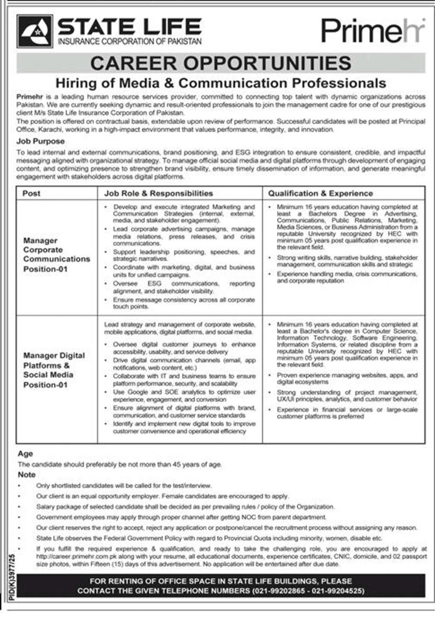 Career Opportunities - Hiring of Media & Communication Professionals – State Life Insurance Corporation of Pakistan (via PrimeHR) Jobs 2026 — original newspaper advertisement