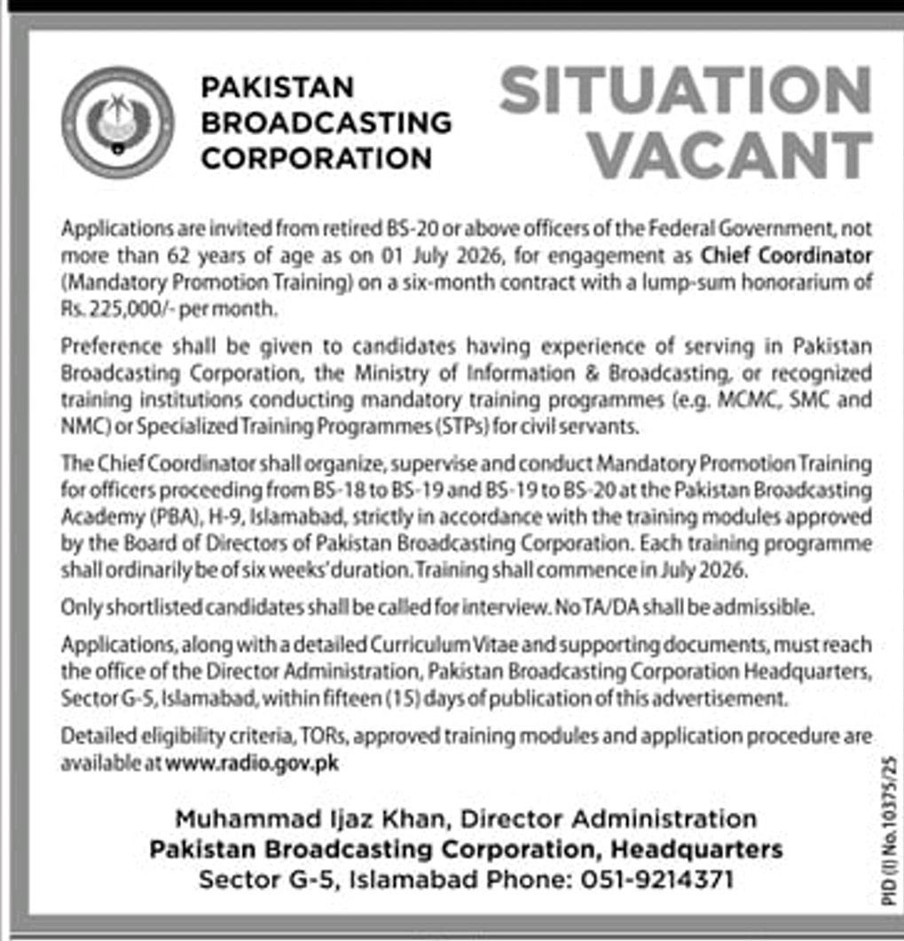 Situation Vacant - Chief Coordinator (Mandatory Promotion Training) – Pakistan Broadcasting Corporation Jobs 2026 — original newspaper advertisement