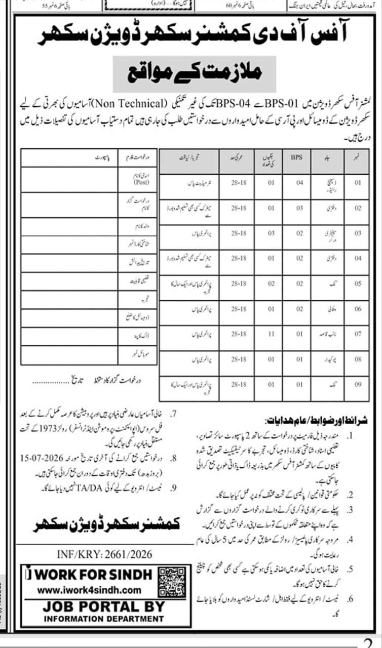 Employment Opportunities – Office of the Commissioner, Sukkur Division Jobs 2026 — original newspaper advertisement