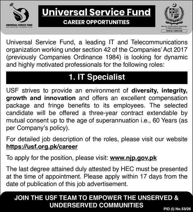 Career Opportunities - IT Specialist – Universal Service Fund (USF) Jobs 2026 — original newspaper advertisement