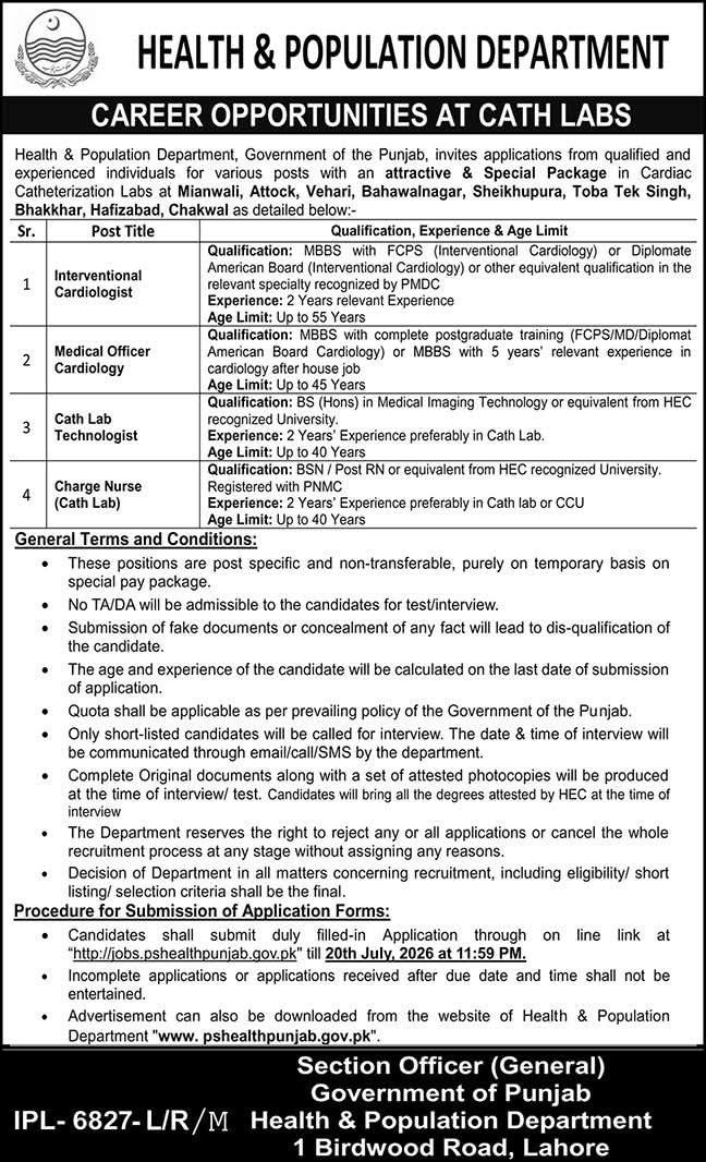 Career Opportunities at Cath Labs – Health & Population Department, Government of the Punjab Jobs 2026 — original newspaper advertisement