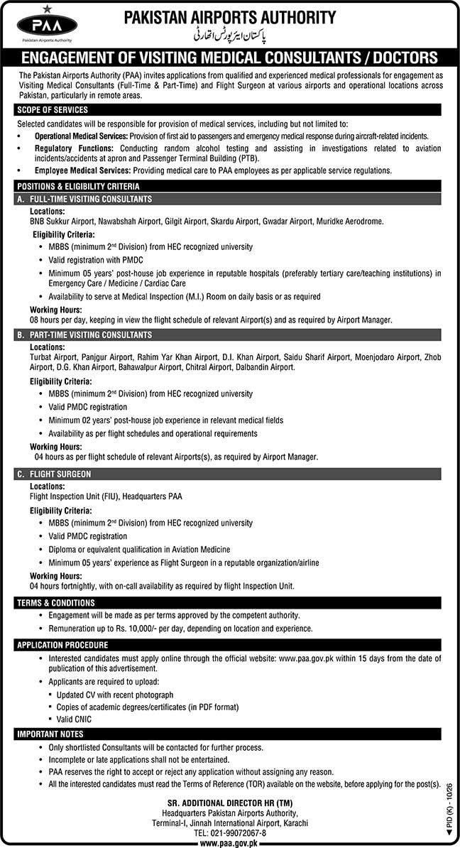 Engagement of Visiting Medical Consultants / Doctors – Pakistan Airports Authority (PAA) Jobs 2026 — original newspaper advertisement