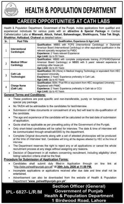 Career Opportunities at Cath Labs – Health & Population Department, Government of Punjab Jobs 2026 — original newspaper advertisement