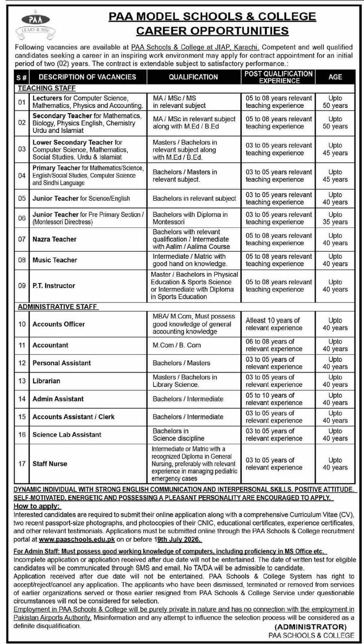 PAA Model Schools & College Career Opportunities Jobs 2026 — original newspaper advertisement
