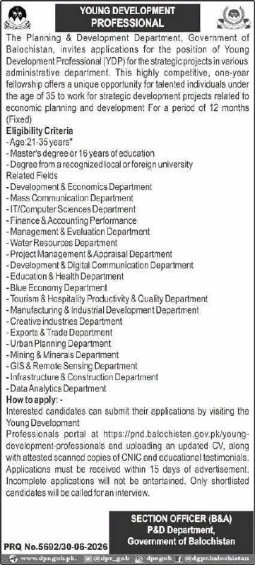 Young Development Professional (YDP) – Planning & Development Department, Government of Balochistan Jobs 2026 — original newspaper advertisement
