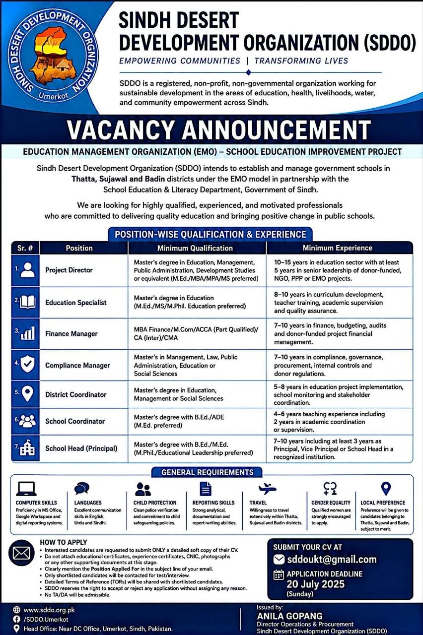 Vacancy Announcement – Education Management Organization (EMO) – School Education Improvement Project – Sindh Desert Development Organization (SDDO) Jobs 2026 — original newspaper advertisement
